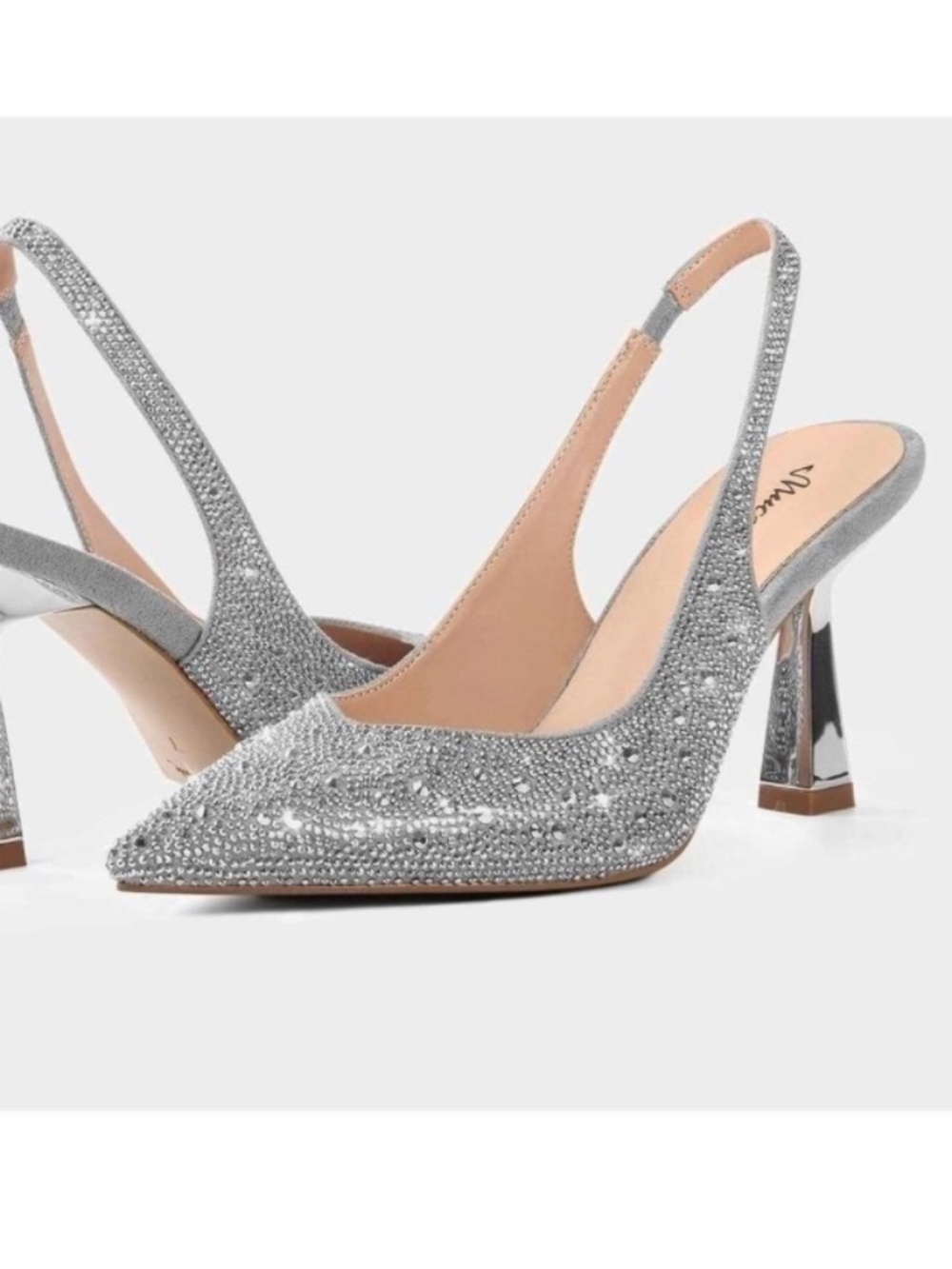 Mucccute Silver Rhinestone Slingback Pointed Toe Sculptural Heels